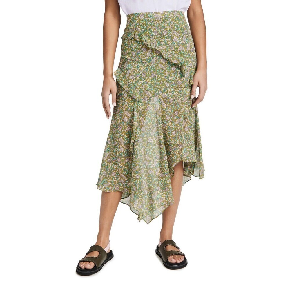 VERONICA BEARD Eleonora Ruffled Paisley Silk Midi Skirt Fern Multi (108)